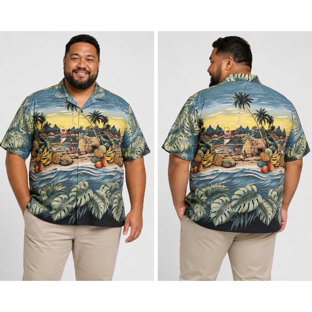 Hilo Hattie Mens 1XL Blue Tropical Island Fruit Print Cotton Aloha Shirt